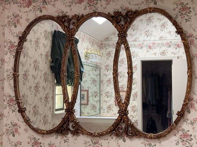 Stunning Gold French Hollywood Regency Triptych Interlocking Oval Mirror…..62 x 43 image
