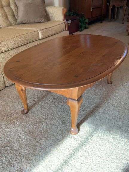 Ethan Allen Queen Anne Style Heirloom Solid Nutmeg Maple oval coffee table….46 x 28 x 15 tall
