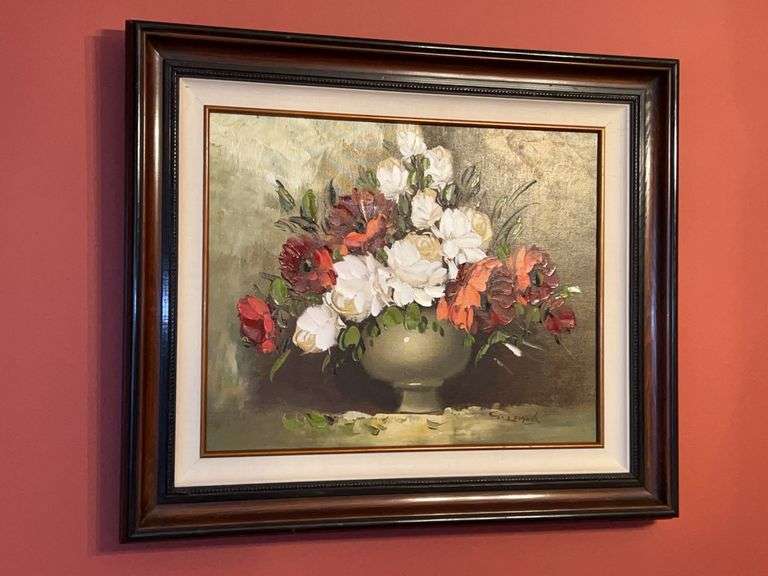 Beautifully framed and matted oil on canvas still florals…..it is signed and measures 26-3/4 x 22-3/4 image