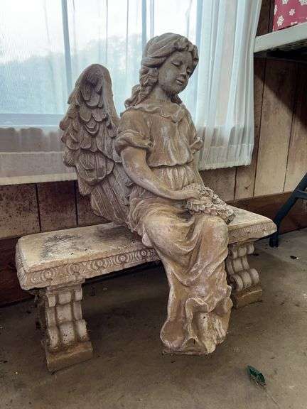 Very nice concrete angel seated on concrete bench (25 x 8-1/4 x 9-1/4 tall)…..Angel is approx. 24” tall image