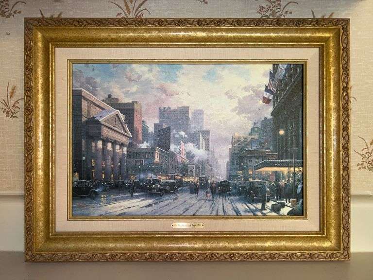 Authentic Thomas Kinkade “New York, Snow on Seventh Avenue, 1932” limited edition dated oil on canvas print (2001) with COA…..23-1/2 x 17-1/2 image