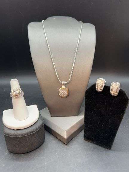 Beautiful 3-piece matching two tone set with rhinestones…..includes necklace, lever back earrings and size 5 ring image