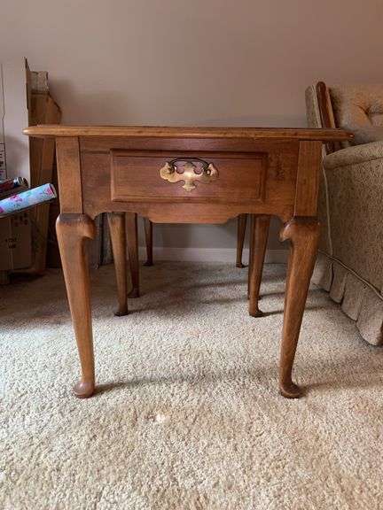 Ethan Allen Queen Anne Style Heirloom Solid Nutmeg Maple single drawer end table….23-1/2” square x 22-1/2” tall