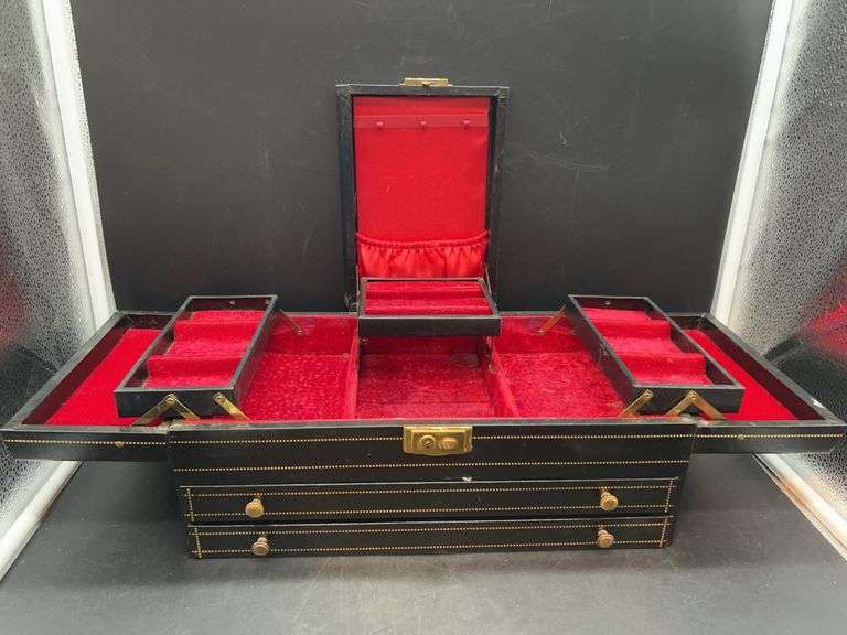 Vintage black leather-like jewelry box with hinged top storage and 2 drawers image
