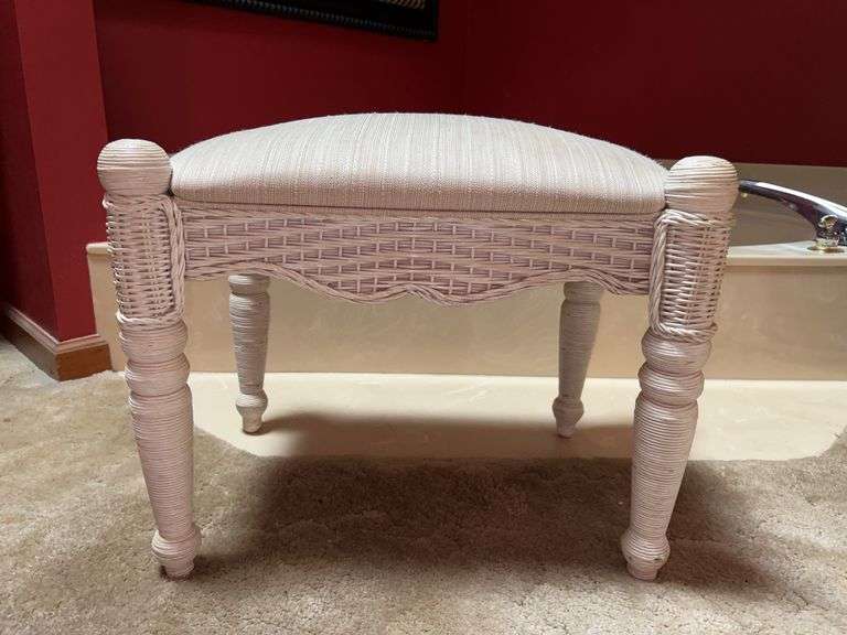 White wicker and wood base vanity stool image