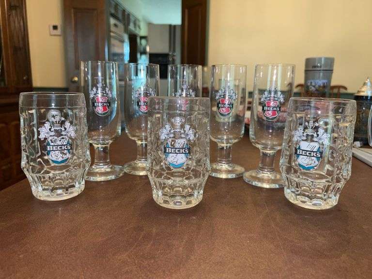 Set of (4) Vintage Becks Dimpled Beer Mugs and set of (5) Beck's Bier Stemmed Footed Pilsner Beer Glasses image
