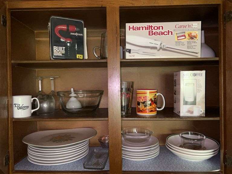 Contents of kitchen cabinet…..white plates are Garden Ridge, Hamilton Beach Electric Knife, Mr. Coffee Mill image
