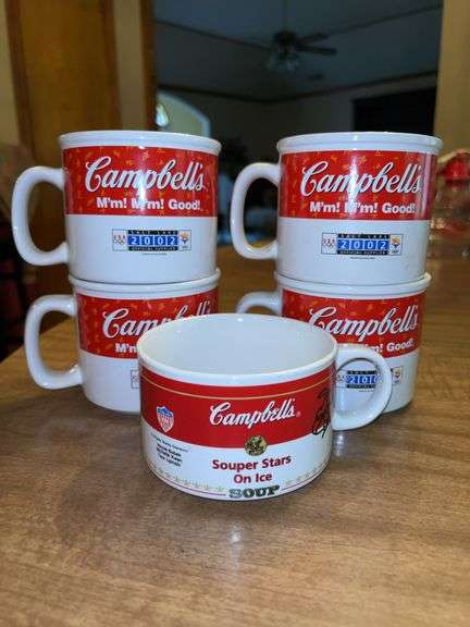 Set of (4) Campbell's Soup mug commemorating the 2002 Winter Olympics in Salt Lake City and (1) Campbell's "Souper Stars on Ice" soup mug featuring the signatures of figure skaters Tara Lipinski, Michelle Kwan, and Nicole Bobek image