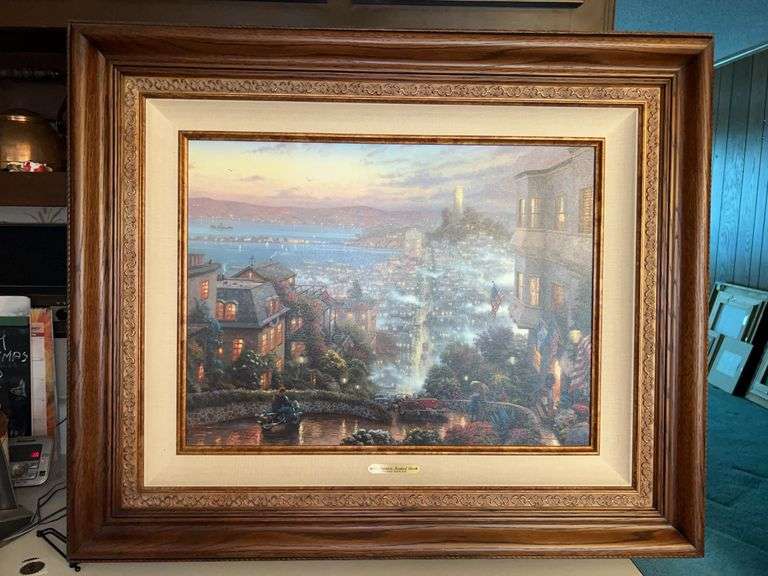 Authentic Thomas Kinkade “San Francisco, Lombard Street” limited edition oil on canvas print (1882/3450) with original receipt (COA not found but authenticity brass plate on back)…..in gorgeous dark walnut frame….35-1/2 x 29-1/2 image