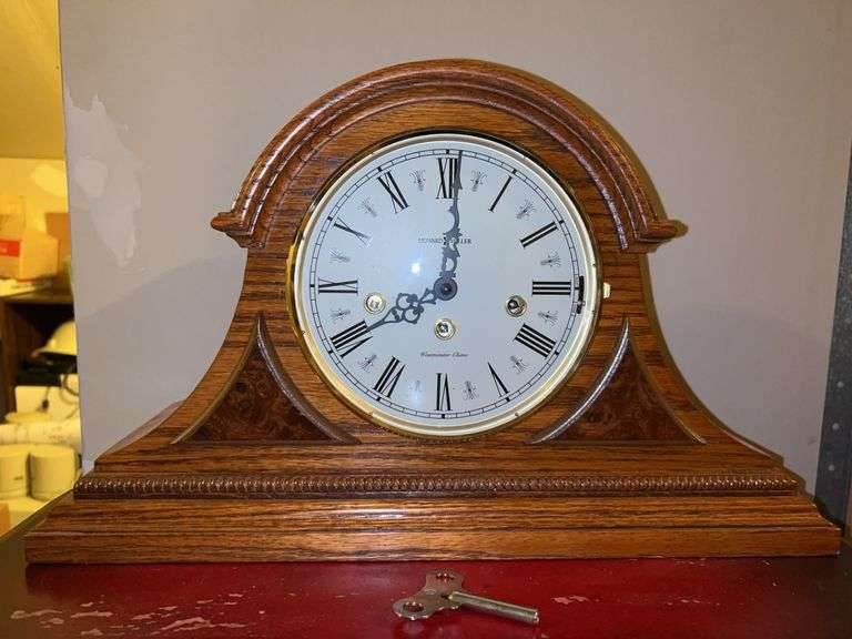 NIB Howard Miller Worthington Mantel Clock 613-102 - Oak Yorkshire Finish, Solid Brass Bezel, Glass Crystal, Key-Wound…..working at time of listing image