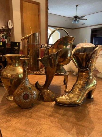 Grouping of brass home decor…..urn, brass enamel bud vase, boot, small ash bucket, small display stand and more image