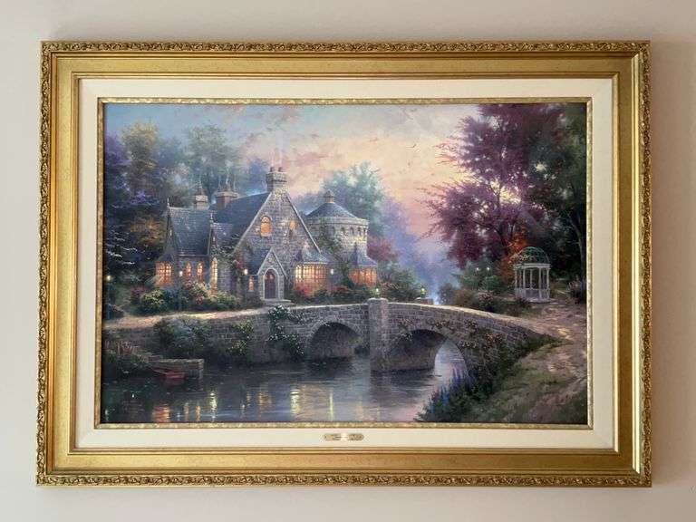 Authentic Thomas Kinkade “Lamplight Manor - Lamplight Lane VI” limited edition print (556/1750) with Fine Art Ownership Portfolio/COA…..￼44-1/2 x 32-1/2 image