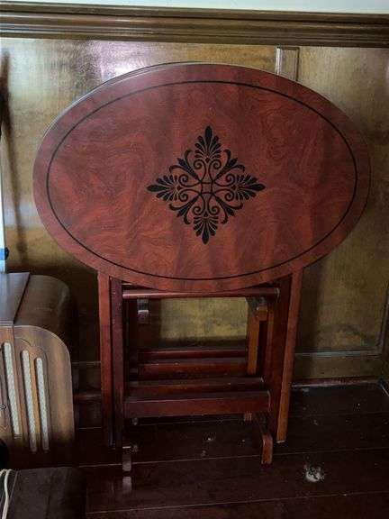 Great looking set of (4) mahogany oval TV trays with stand image