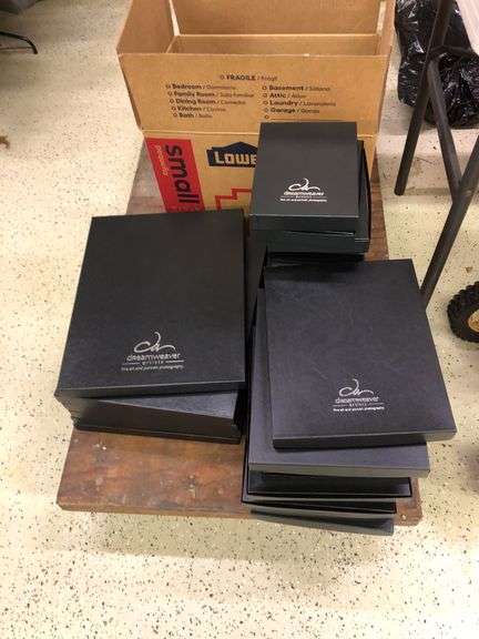 Selection of new black cardboard boxes. Used for fine art photography. Six 15 x 11.75 x 1”. Ten 10.75 x 9.75 x 1”.     Fourteen 8 x 6 x 1”. image