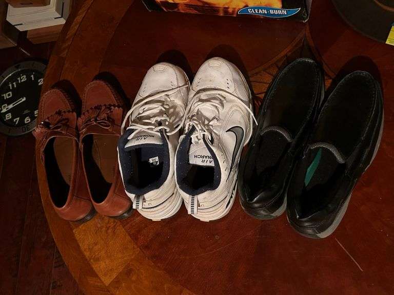 (3) pair of men’s used shoes…..Johnston & Murphy brown leather loafers (size 11M), Nike Air Monarch’s (size 11 needs cleaned), Dr. Scholl’s black slip-ons (size 11) image