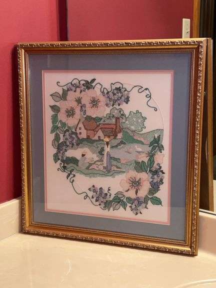 Very nice framed cross stitched and embroidered “Heart Cottage” design….19-3/4 x 21 image