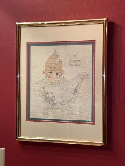 Cute Precious Moments “He Cleansed My Soul” cross stitched and embroidered framed art…..13 x 17 image