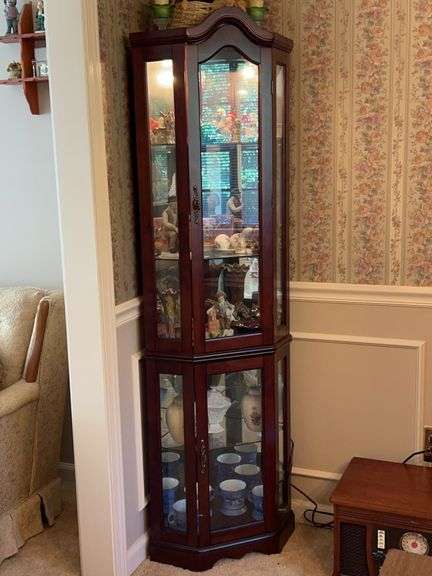 Gorgeous Lighted Corner Curio Cabinet with mirrored back…..69” tall…..OTHER CONTENTS NOT INCLUDED