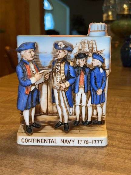 W.A. Lacey Haas Brothers Bisque Porcelain Continental Navy 1776-1777 Bourbon Decanter with seal in tact image