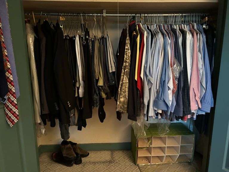 Contents of upstairs bedroom closet (top shelf not included)….makers include Ralph Lauren, Kirkland’s, Stafford, Brooks Brothers and more….most have been dry cleaned….shirts are L/XL and pants are mostly 38x30….also includes great selection of ties image