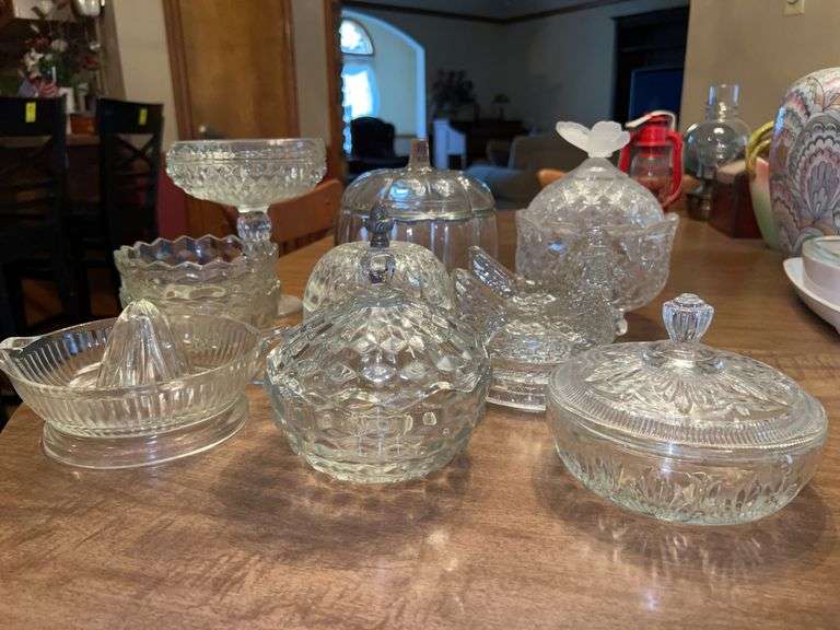 Very nice grouping of clear glass and crystal….also includes 75th Anniversary Mr. Peanut jar image