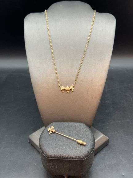 (2) very nice 14K yellow gold jewelry pieces…..choker length mushroom necklace and decorative stick pin with clear stone…..5 grams total image