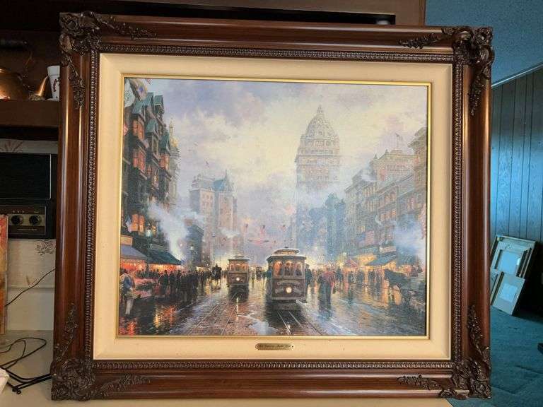 Authentic Thomas Kinkade “San Francisco, Market Street” limited edition oil on canvas print (1676/7509) with Fine Art Ownership Portfolio/COA…..framed in beautiful carved mahogany frame…..31 x 27 image