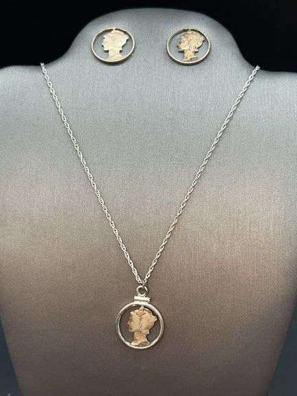 Pair of post-back earrings pair and matching necklace (chain is sterling) made from cut-out Mercury Dimes….needs cleaned image