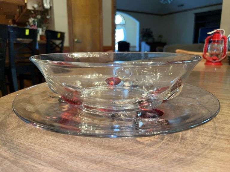 Vintage Westmoreland Clear Glass Three Ball Centerpiece Bowl with under tray…..bowl is 11-1/2”D x 3-1/2” tall…..tray is 14”D image