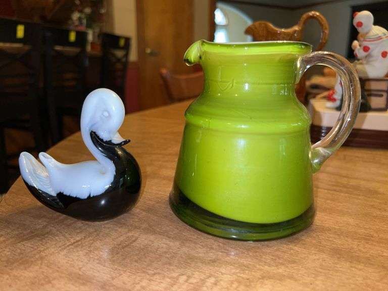 Vintage hand blown Murano glass swan and Vintage Green Opaque Cased Art Glass Blown Glass Pitcher image