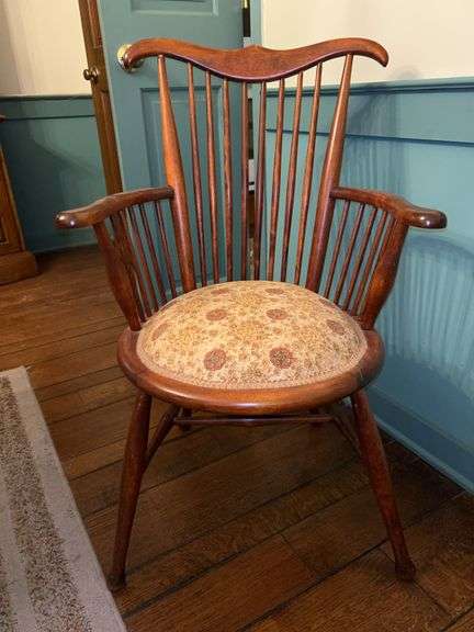 Windsor-style solid wood chair with padded seating…..legs have been reattached with brackets underneath (see pics) image