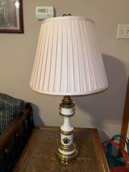 Stunning brass and Ivory  brass enamel table lamp with pleated shade…..31-3/4” tall image