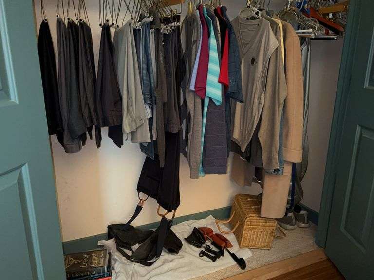Contents of upstairs closet…..TOP OF CLOSET NOT INCLUDED…..clothes have either been ironed or dry cleaned and range in size from medium to XL for shirts…..pants are a wide range of sizes (35/30, 36/30, 36/29 and more) image