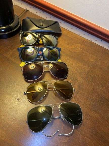 Grouping of aviator sunglasses, Ray Ban case and 2 new pair of Logo Lens sunglasses image