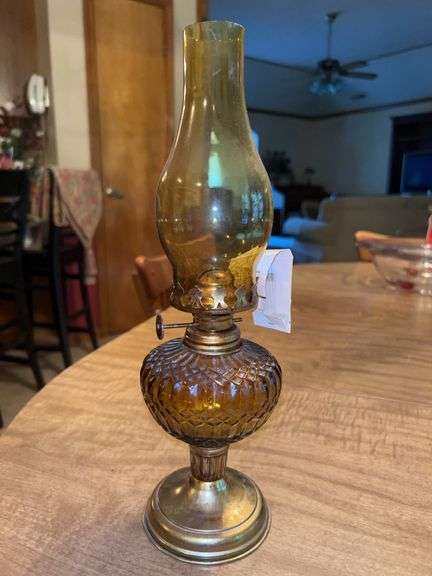 Vintage Amber Glass and Metal Mini Hurricane Lamp…..12-3/4” tall image