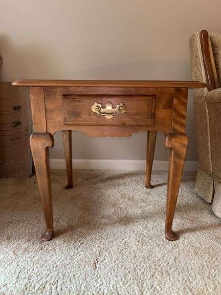 Ethan Allen Queen Anne Style Heirloom Solid Nutmeg Maple single drawer end table….23-1/2” square x 22-1/2” tall….small scratch on top