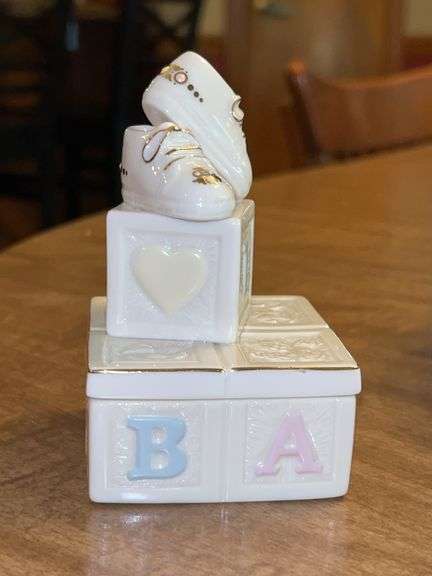 Adorable LENOX “Precious Steps” porcelain ivory trinket box in original box…4-1/2” tall image