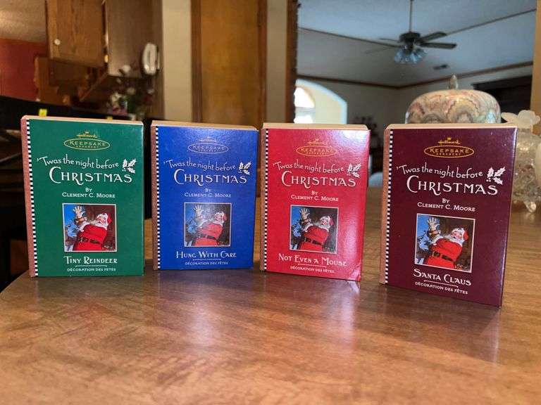 (4) adorable Hallmark Keepsake Ornaments from the ‘Twas the night before Christmas”…..Santa Claus, Not Even A Mouse, Hung with Care and Tiny Reindeer….all in original boxes image