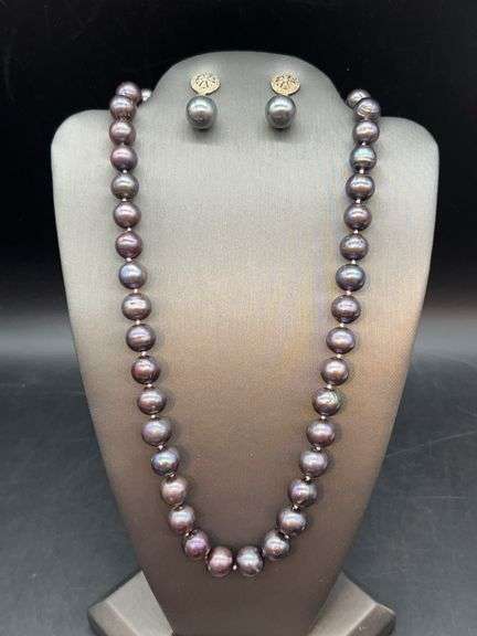 Natural Color Metallic Bluish Purple Pearl Necklace with matching earrings image