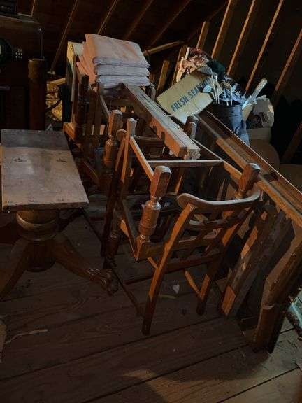 Claw foot pedestal table with (6) vintage chairs…..all pieces are project pieces and either need assembled or repairs (not sure if all hardware is with table image