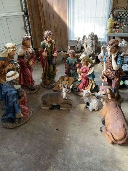Exquisite vintage 11-piece Old Time Pottery resin nativity set…..sizes range from 8” tall to 36” tall…..this set is amazing….ANY OTHER ITEMS AROUND SET IN PICS ARE NOT INCLUDED…..original cost was $499.99 image