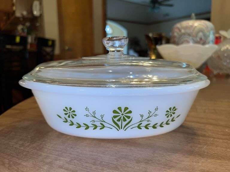 Vintage Glasbake 1 Quart Lidded Oval Casserole Dish with Green Daisy Pattern image