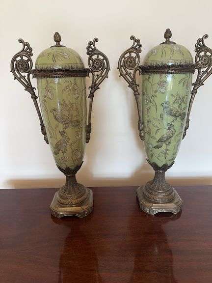 Vintage French Ceramic Metal Covered Floral Green Tall Urn Decorative Jar image