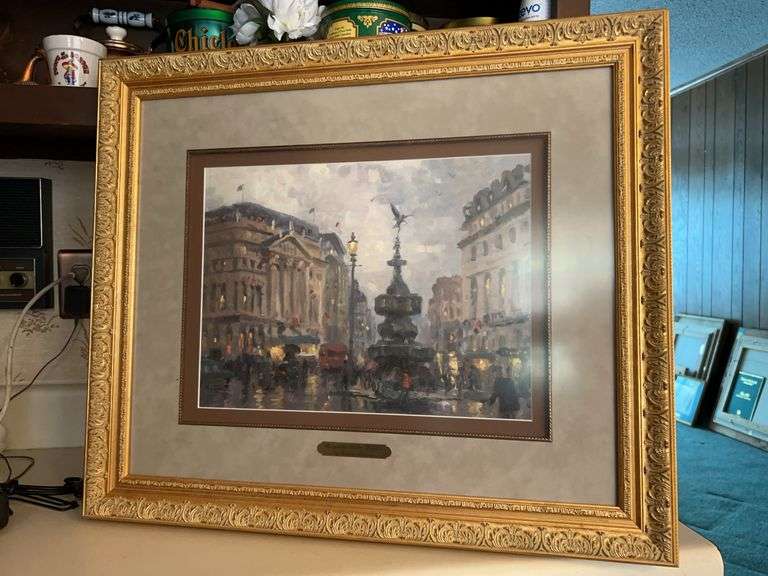 Authentic Thomas Kinkade “Piccadilly Circus, London” limited edition oil on canvas print (1256/3394) with COA and an image of original purchase receipt…..27 x 23 image