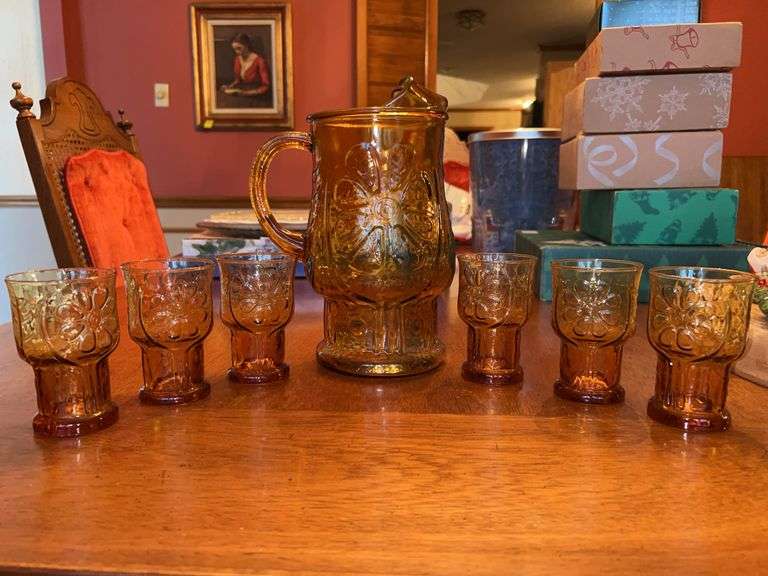 UPDATE - Matching Pitcher was found……Set of 6 vintage Libbey Country Garden Amber Juice Glasses with matching pitcher…..one has crack image