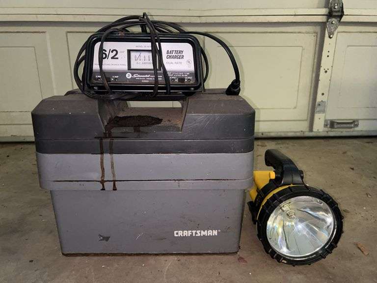Craftsman tool box and contents, Schumacher Battery Charger (not tested) and heavy duty flashlight image
