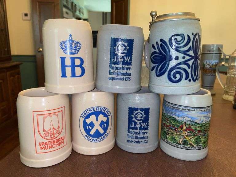 Collection of stoneware beer mugs and (1) beer stein image