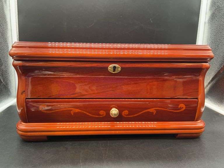 Absolutely stunning cherry wood inlaid lacquered jewelry chest with mirrored top, removable tray and single drawer….all insides are microfiber-like lined…..15w x 11 deep x 7-1/2 tall image