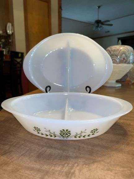 (2) vintage GLASBAKE divided serving pieces…..one is solid white and one has Green Daisy Pattern…..12 x 8-1/2 x 2-1/4 tall image