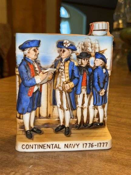 W.A. Lacey Haas Brothers Bisque Porcelain Continental Navy 1776-1777 Bourbon Decanter with seal in tact image